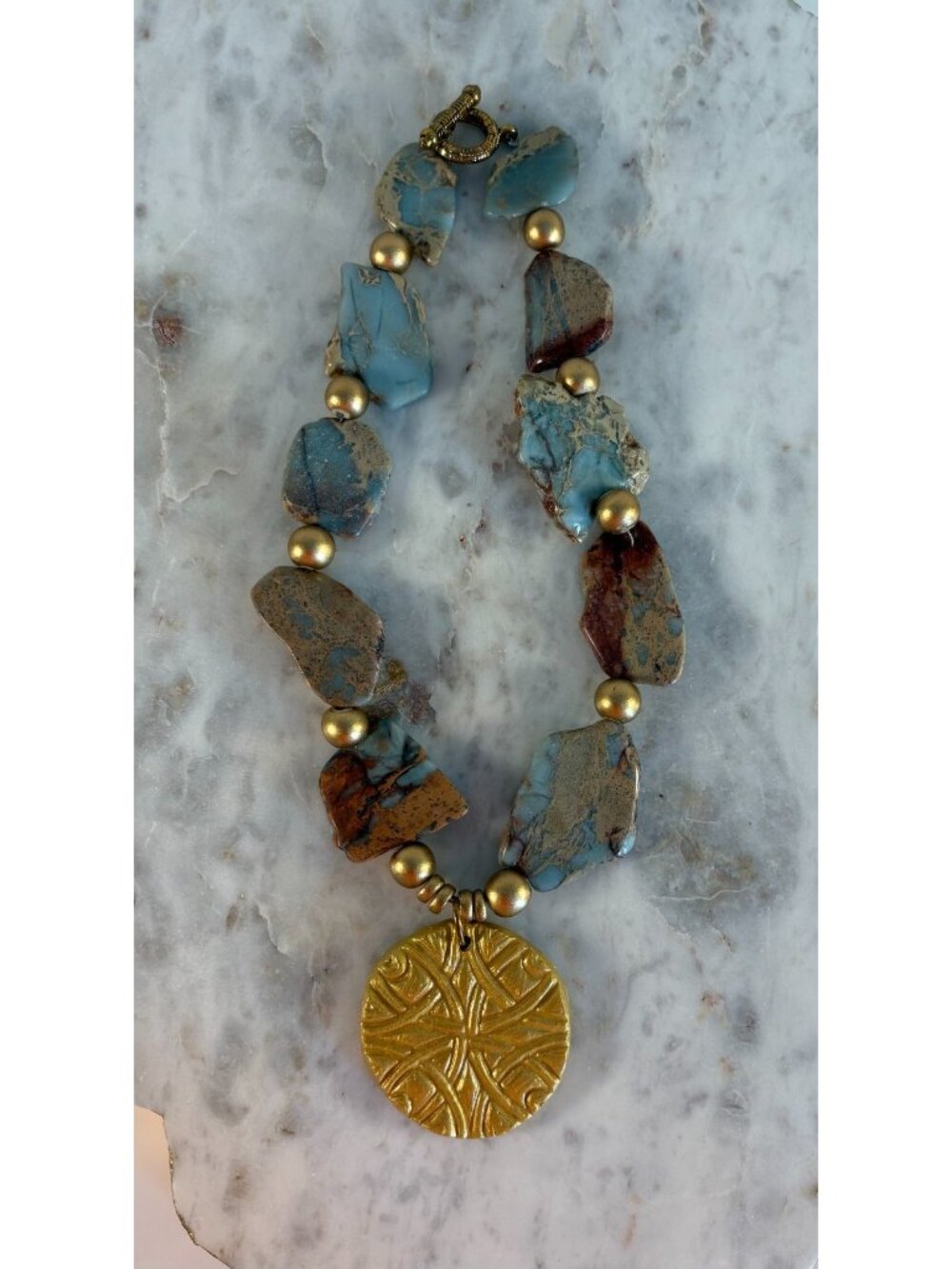 Turquoise Stone Necklace with Gold Disc Pendant